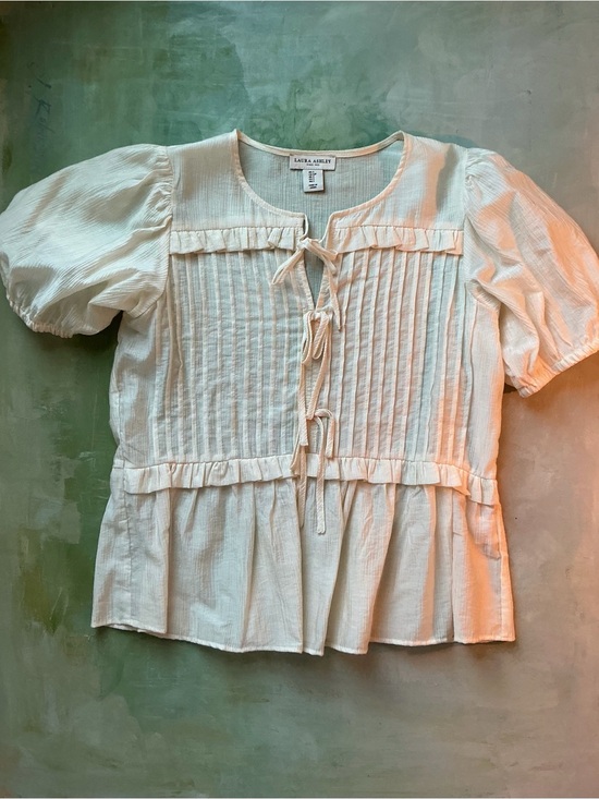 Laura Ashley Tops - Laura Ashley Cream Pintuck Tie-Front Blouse with Ruffle Trim